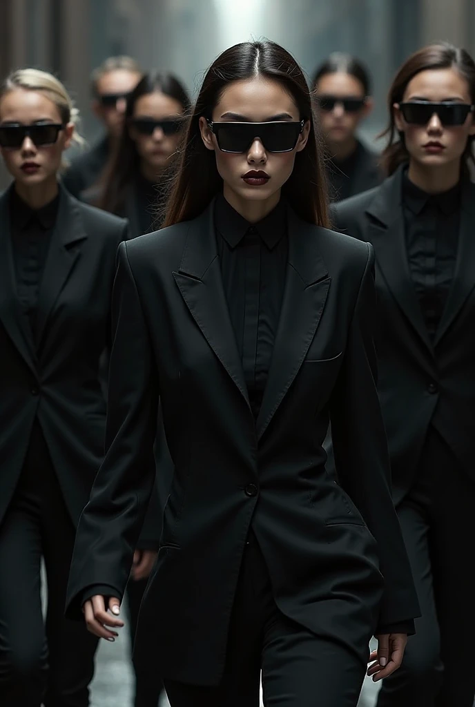 (Best Quality, hight resolution, masutepiece:1.2), Ultra-detailed, (Realistic, Photorealsitic:1.37), Portrait, Group photo of the three, (Group of women walking, :1.2), wears a suit, ties, Sunglasses, Brick wall, walking on street, Walk side by side, in group photograph, Full body, movie "Reservoir Dog", Brick wall background, Woman in black, modern attire, screen capture, Fully clothed, Sexy, outlaw, shirt art, defiance, badlands, Old movies, High resolution skin, (Cinematic lighting: 1.2 ), beautifully detailed eyes, Highly detailed face, of the highest quality, detailed hairs, Exquisite facial features, Perfect face, Wide Angle, Photorealistic, Crushic Movies, 4K, 8K, 32K, Cinematic