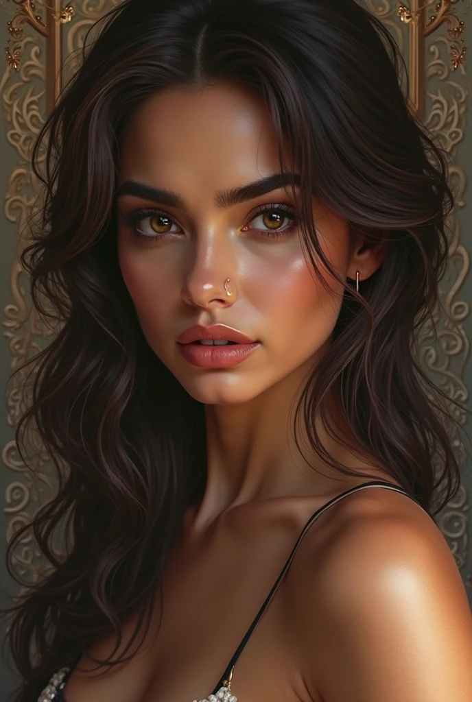 brown eyed woman, straight hair and big breasts, with a small mark on his forehead. 