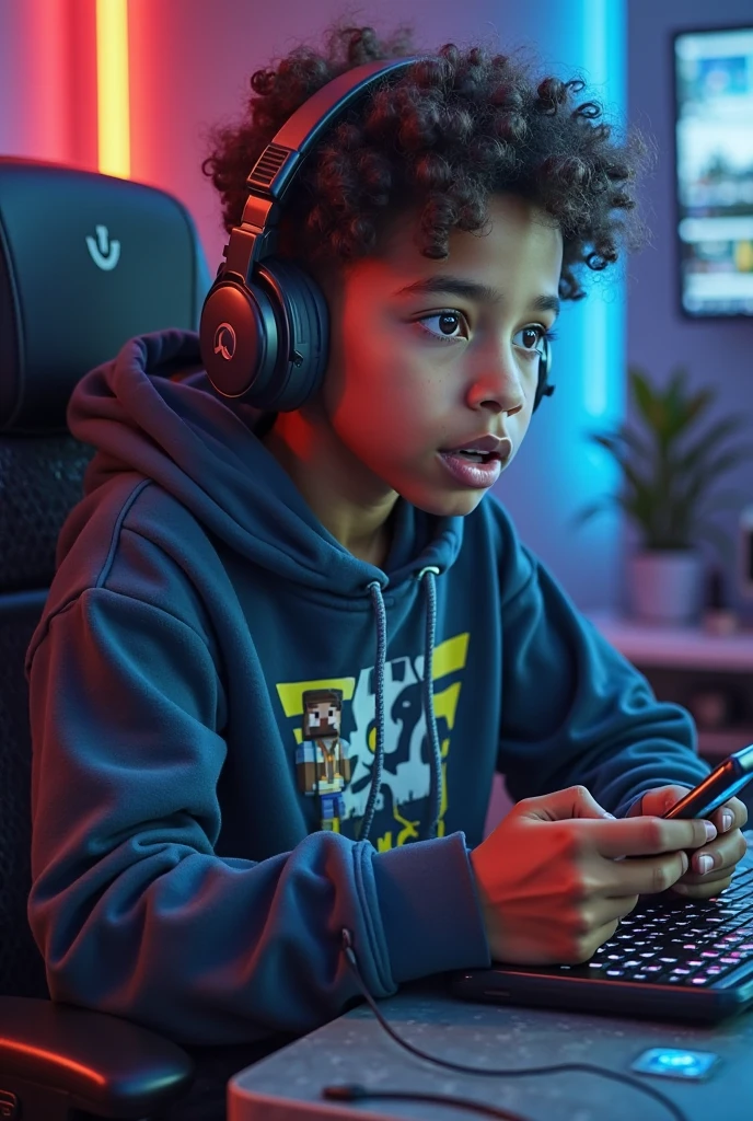 Create a dark-skinned gamer boy playing with a phone 