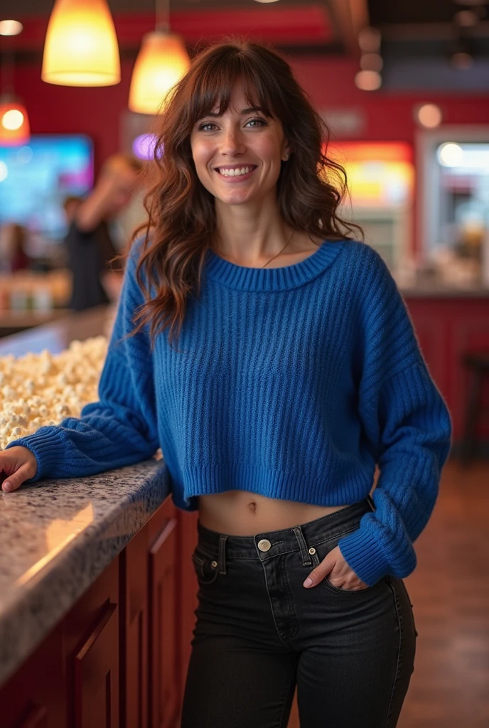 single focus lens, face is realistic, sensual woman, photographed, red hair, ice blue eyes, narrow waist, beautiful breasts, (sweater and jeans:1.2), at a cabin in the woods, with glasses, sitting by the fireplace, looking cozy and content.