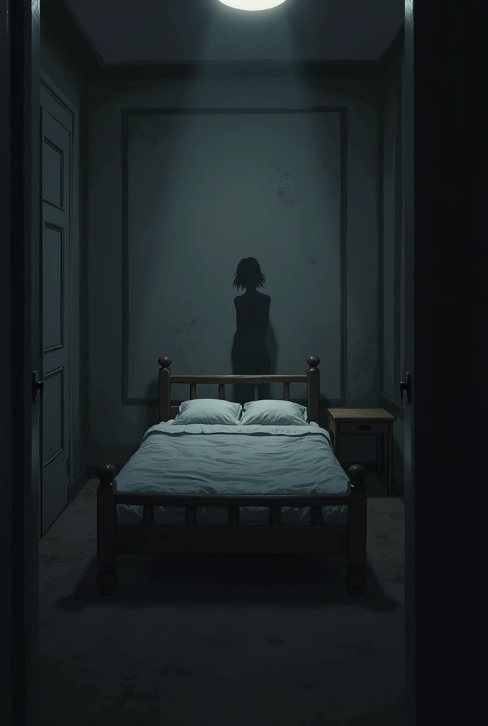 Describe a dark scene in an abandoned hospital, where an ominous black figure hovers over the bed of a frightened patient. The room is lit only by a dim light, highlighting the patient's pale face and expression of terror as he watches the figure moving around the room, creating an atmosphere of suspense and horror.