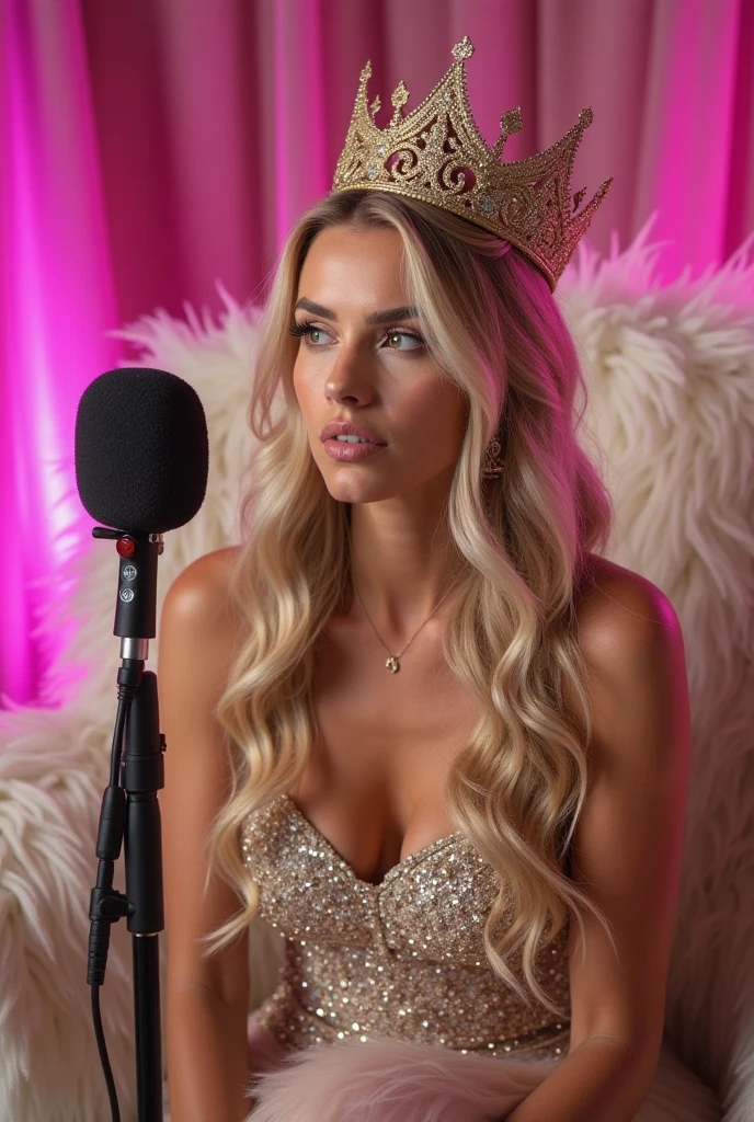 A throne, Beautiful, queen dress,Fat Woman、Looking down、blondes、Glittering Gemstones、teapot、Diana、Shoulders exposed、Beautiful face、Looking up、plump body, cleavage