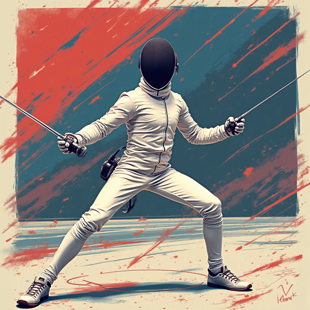 Hand drawn illustration of a fencer full body, sketchbook, without background