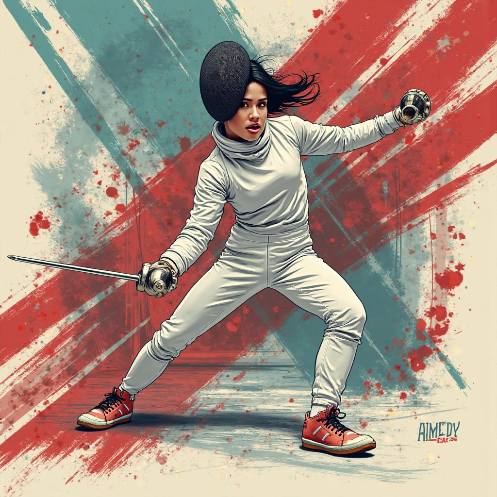 (( a black and white and red watercolor art: 1.5)) a watercolor portrait of woman holding a javelin, ready to throw, in the Olympics, a woman, dynamic hair color, dynamic hair style, (most beautiful face: 1.3), (ultra detailed face: 1.4), ((holding javelin ready to throw: 1.5)), concentrating, tense, ready for the peak of her life,  ((wearing athletic shirt, pants and sneakers: 1.2)), ibrant, Ultra-high resolution, High Contrast, (masterpiece:1.5), highest quality, Best aesthetics), best details, best quality, highres, 16k, [ultra detailed], masterpiece, best quality, (extremely detailed), Cinematic Hollywood Film, watercolor