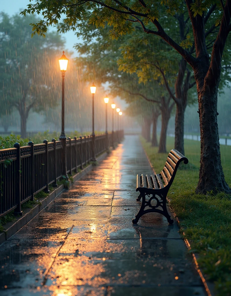 It is raining heavily. The park is enveloped in a quiet, reflective ambiance, illuminated by the soft glow of lamp posts that cast golden light on the rain-slicked concrete floor. A line of beautifully crafted black iron benches placed at certain distance from each other stands beneath a nearby tree, its surface glimmering with droplets. The walkway, lined with puddles that catch the light, meanders through the park, inviting leisurely strolls. Surrounding the park, a sturdy black rod railing fence adds a sense of enclosure, framing this serene haven against the night. The gentle sound of rain enhances the peaceful atmosphere, creating a moment of stillness amidst the storm.