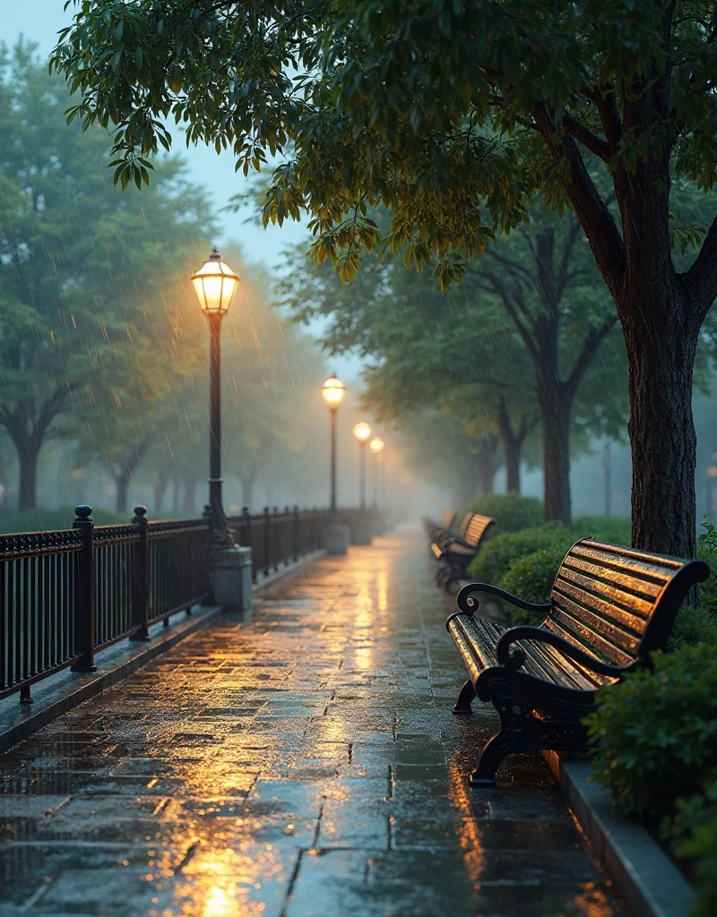 It is raining heavily. The park is enveloped in a quiet, reflective ambiance, illuminated by the soft glow of lamp posts that cast golden light on the rain-slicked concrete floor. A line of beautifully crafted black iron benches placed at certain distance from each other stands beneath a nearby tree, its surface glimmering with droplets. The walkway, lined with puddles that catch the light, meanders through the park, inviting leisurely strolls. Surrounding the park, a sturdy black rod railing fence adds a sense of enclosure, framing this serene haven against the night. The gentle sound of rain enhances the peaceful atmosphere, creating a moment of stillness amidst the storm.