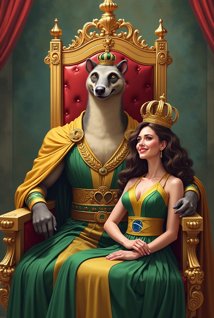 Happy rich green tiger in blazer and smiling sitting on a throne with a beautiful women and royal background like a palace white and gold is everywhere and tiger and women both are happy and rich and with lot of resources cute animated cartoon he is famous and he have lot of respect and fame and he is so god like
