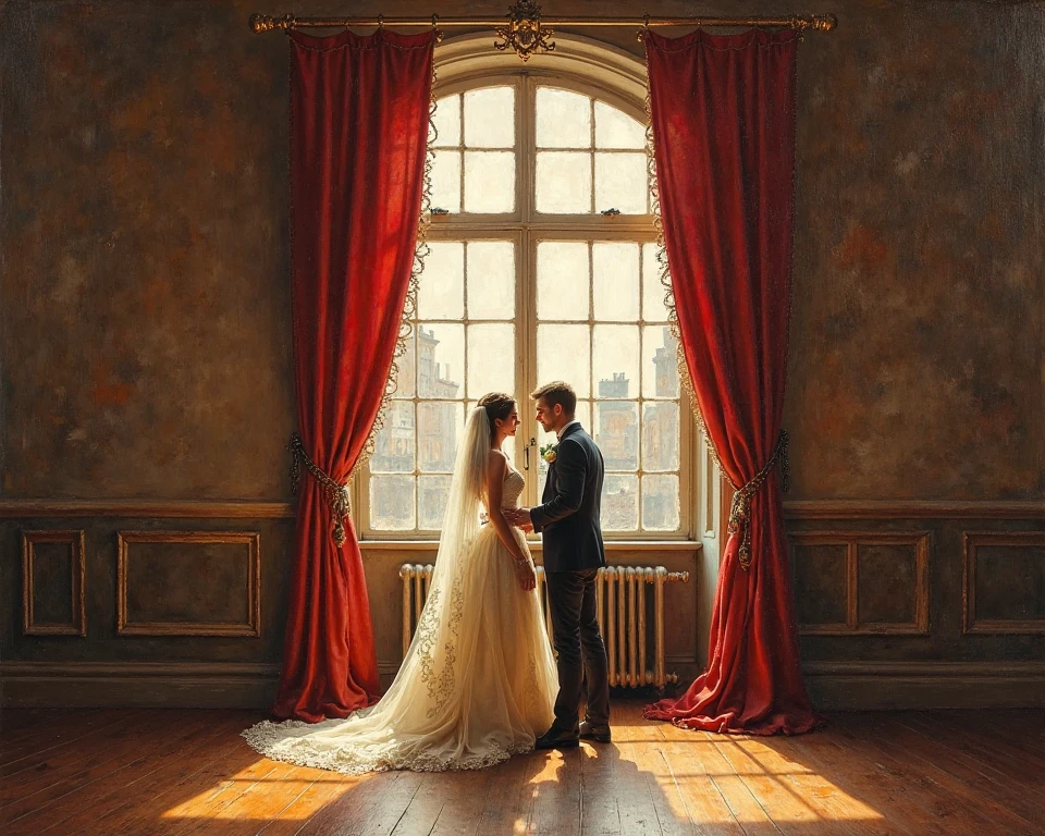 bride and groom kissing in front of a window in a castle, a black and white photo by Hristofor Žefarović, pexels, romanticism, professional wedding photography, wedding photography, wedding photo, couple kissing, bride and groom, standing near a window, romantic couple, dramatic details, the window is open, with dramatic lighting, monochrome