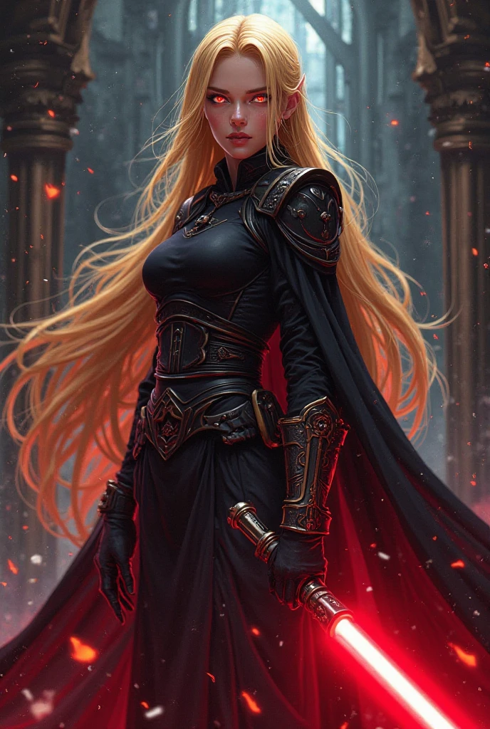 An inquisitor with long yellow hair, orange-red eyes, in a black inquisitor costume holding a red light sabre in anime style.

