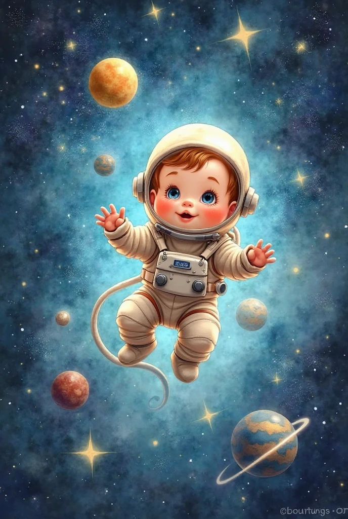 Cinematic Cartoon style. Comic art. TME0224 face, (((a baby boy, 4yo))) in a funny night (((wearing a astronaut costume))). (((Comic cosmic space background))). cinematic lighting, drop shadow, masterpiece, UHD, anatomically correct, textured skin, super detail, high details, high quality, best quality, 4K