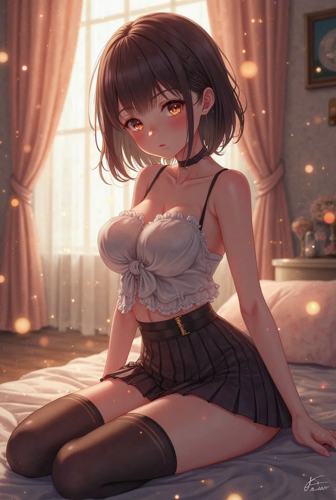 blue eyes,chest comes out,highest quality,High resolution,unity 8k wallpaper,(figure:0.8),(beautiful and fine eyes:1.6),detailed face,perfect lighting,Highly detailed CG,(perfect hands, perfect anatomy),young woman,brown hair,medium hair,hair band,white underwear,squat,spread legs