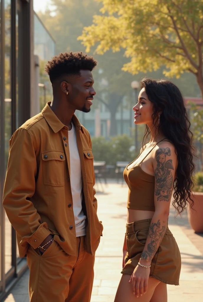 Um casal a noite olhando para o mar bebendo suco juntos.
The man is black, similar to Neymar, with curly and curly hair and the girl must be of Asian descent; .
I want an image with night scenery the girl's clothes are black and the boy more casual