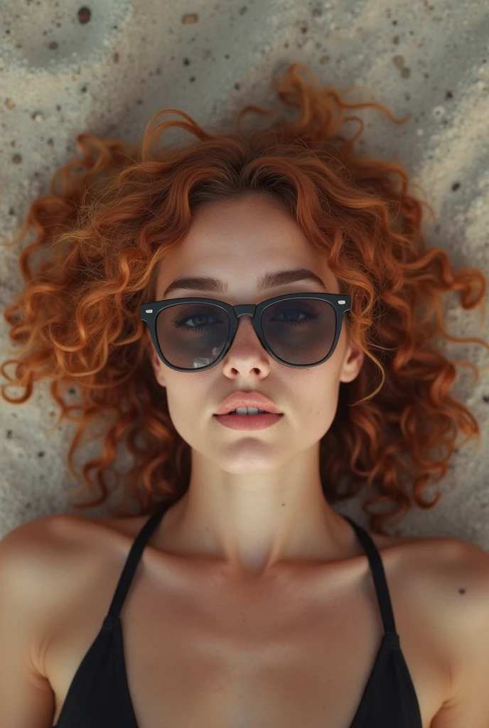 A red-haired female influencer with green eyes, an innocent look and full lips. freckles on her cheeks. medium breasts. A mole on the right breast. rounded buttocks. wears glasses. Sexy. attractive. Full body wide shot from head to toe. in 8k. very detailed, Beach white sand background、Beautiful java woman with curly hair、(Very large breasts)、beautiful 、lace、Professional models、Professional Lighting、Professional composition、Detailed skin、Detailed arms、Detailed thighs、Detailed chest,sleep position with couple