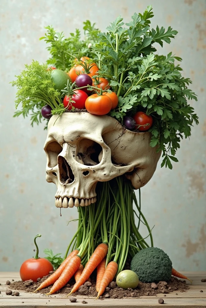 A full body image of the human anatomy version showing the muscles and skeleton, with female robot face, and around them these foods suspended in the air; SHE , cauliflower, purple Onion, cilantro, ginger.