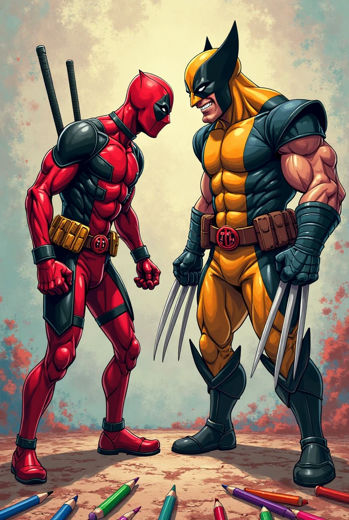 2boy, Deadpool & Wolverine, a muscular man in a red and black costume with swords, a shorter man with claws in a yellow and blue costume, fighting, dynamic action pose, cinematic lighting, hyper detailed, 4k, (8k,highres:1.2), ultra-detailed, HDR, UHD, studio lighting, ultra-fine painting, sharp focus, physically-based rendering, extreme detail description, professional, vivid colors, bokeh, comic book style, dynamic action scene, masterpiece, best quality, very aesthetic, absurdres