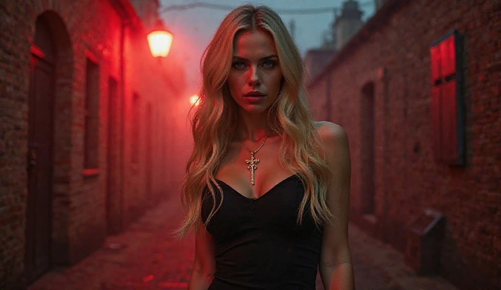(best quality,realistic,highres:1.2),ultra-detailed,photorealistic,female vampiress with (extremely big fangs),carrying (terrified tall blonde woman) on a (lonely) country road at midnight during a (fierce thunderstorm). The vampiress is depicted in a (full body view), exuding an aura of both (elegance) and (menace). Her (pale, flawless) skin contrasts with the (dark, stormy) surroundings, emphasizing her otherworldly nature. The vampiress's (long, flowing) hair is (jet black) and cascades down her (slender, sinuous) back. She is wearing a (form-fitting, ethereal) (black gown), which billows in the wind, adding to the sense of (mystery) and (drama). Her (sharp, piercing) gaze is directed towards the viewer, conveying both (supernatural allure) and (menacing intent). Meanwhile, the (blonde woman) clings onto the vampiress with a (grip of desperation), her (wide, frightened) eyes reflecting the terror she feels. The scene is illuminated by (flashes of lightning) and (ominous shadows), casting an eerie atmosphere on the (twisted trees) and (rain-soaked road). The stormy weather intensifies the sense of (danger) and (vulnerability), capturing a moment of suspense and intrigue.