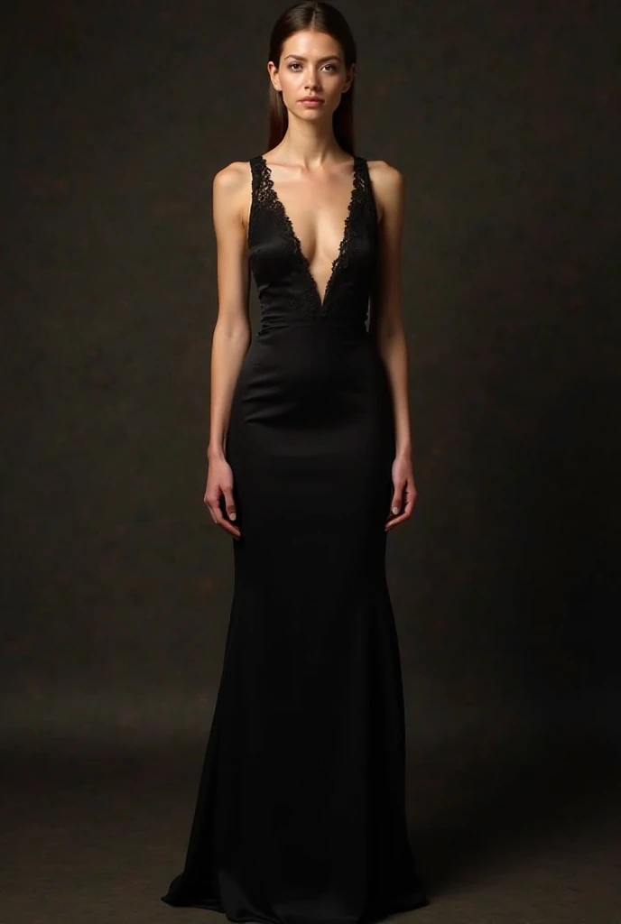1920s femme fatale, elegantly dressed in a sleek black floor-length gown with a plunging neckline and intricate beading, short wavy bobbed hair with a finger wave, bold dark red lipstick, exuding danger and seduction, pinup, full body shot, standing