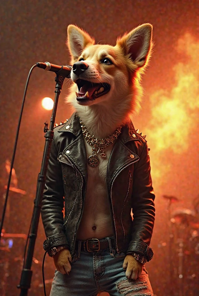Male punk wolf with pink hair and fur grey latex bulge and duct tape gag in punk concert