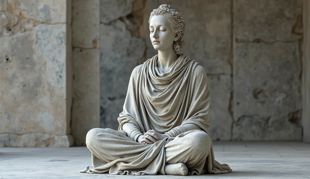 1 man, legs crossed on a lotus, hands folded, firm gaze, dressing, Gandhara style