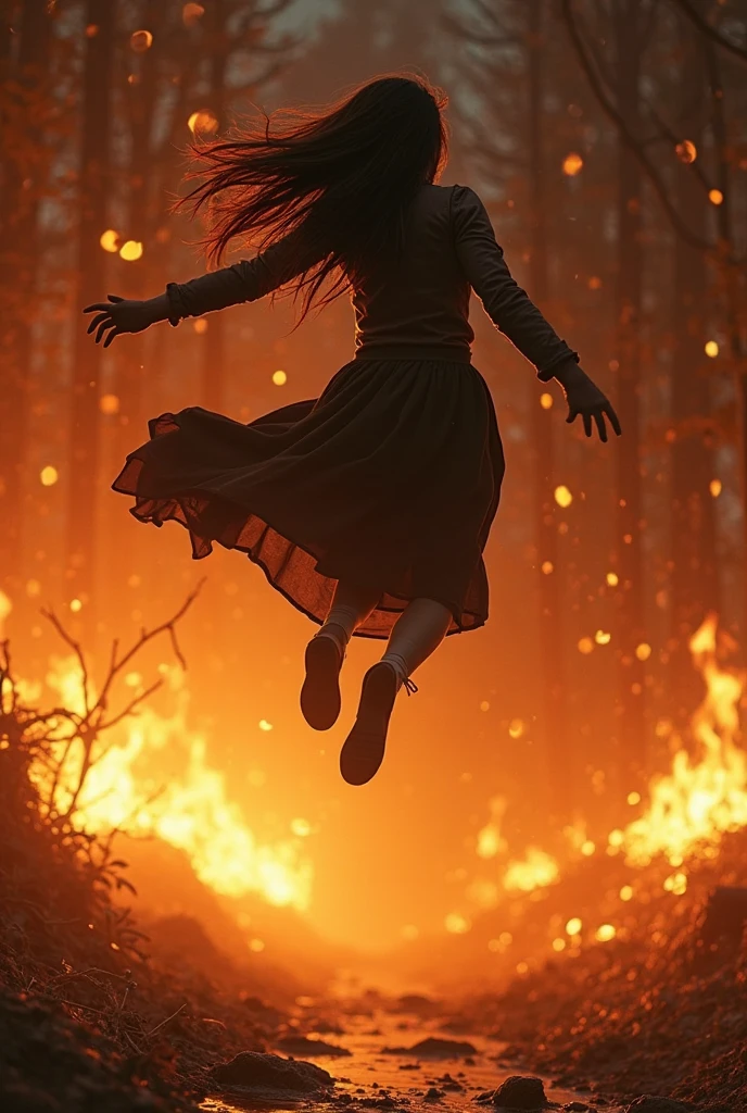I need a book cover of a brunette girl on a levitating bonfire with people around her in awe