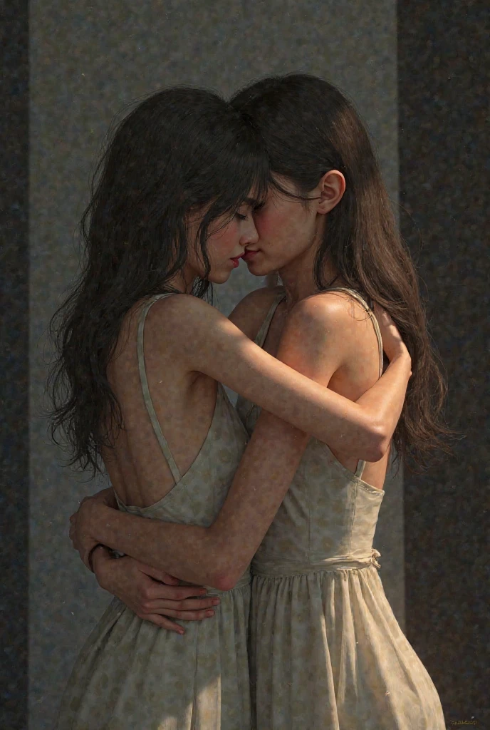 two beautiful girls, perfect bodies, hugging from behind, subdued, pulling the top up kissing the neck, short floral dress with low cut shoulder to shoulder full breasts, one of them has her eyes closed, mouth open, the other tears her clothes in motion abrupt, blurred neutral dark background, (torn, torn clothes falling to pieces)(one with a dress, the other with shorts and an open top, (sweaty, damp bodies with freckles and delicate spots on the skin)