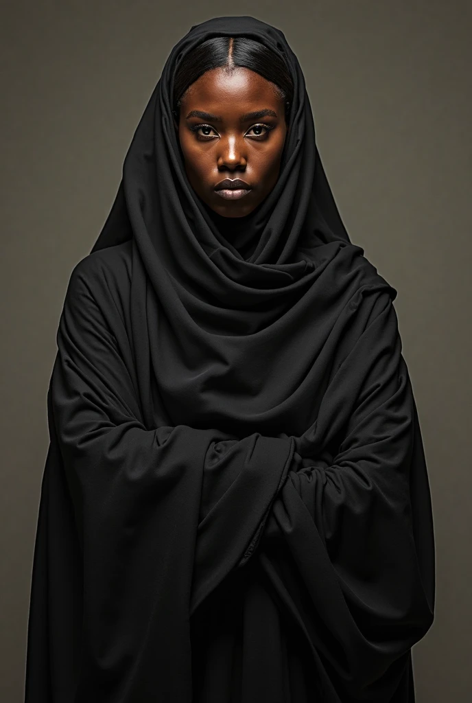 Arab woman wearing black abaya with legs sticking out and raised up