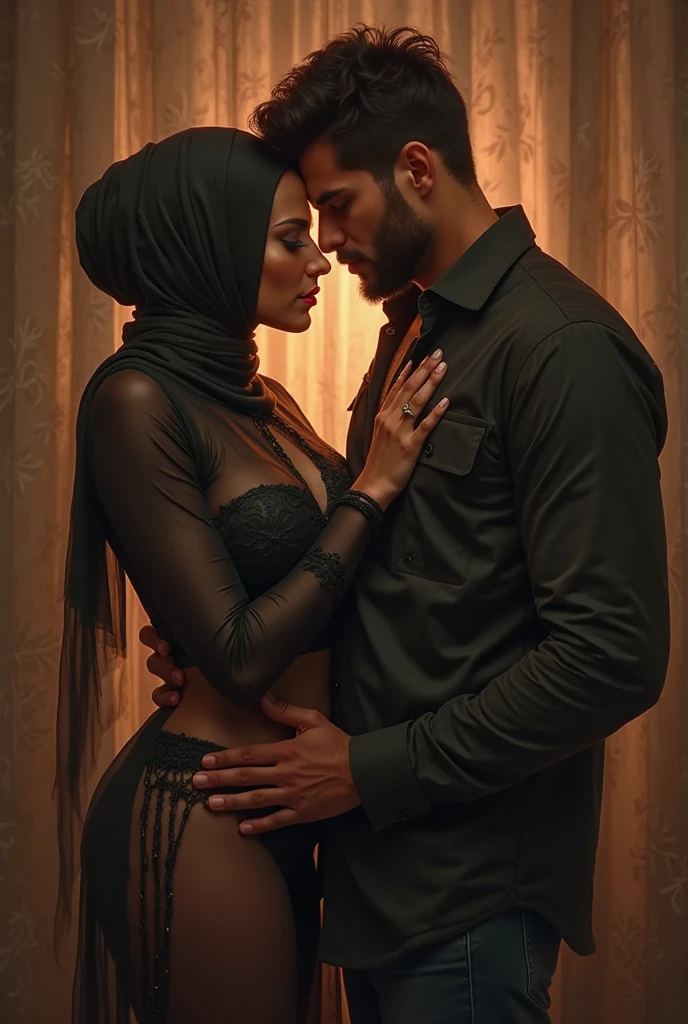 Sexy hot fully naked Pakistan girl who is wearing only hijab kissing full mouth to mouth to a Indian Hindu hot sexy guy who is wearing red dress shirt with open buttons and red jeans