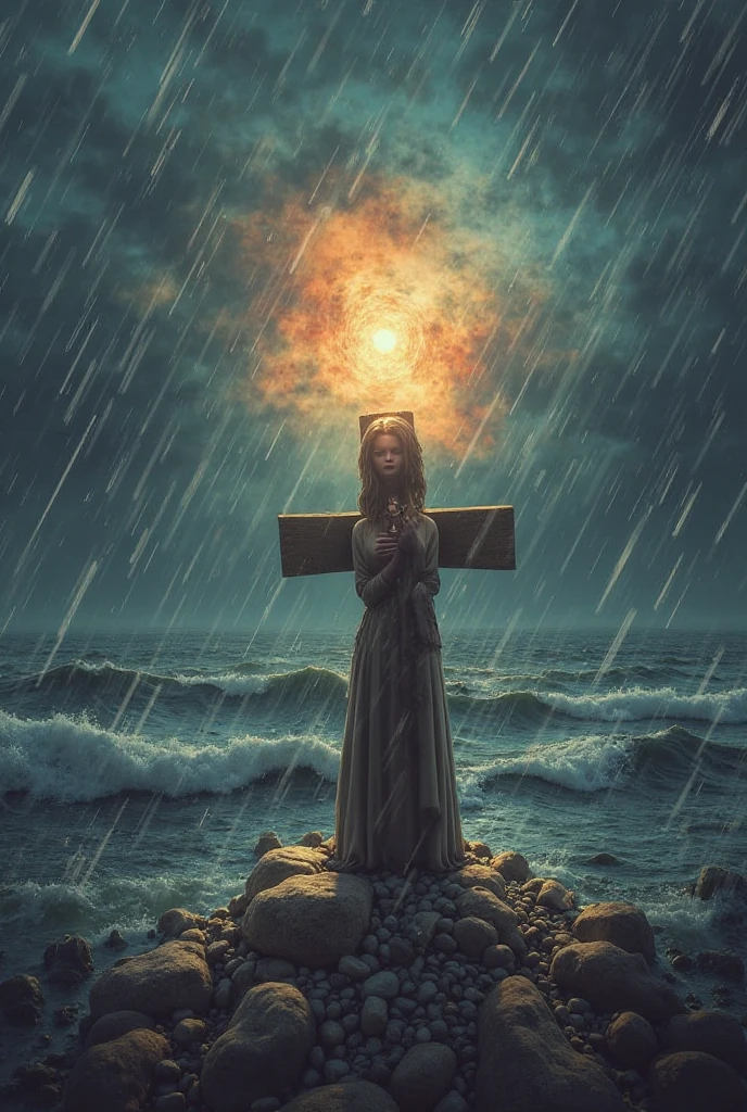A symbolic illustration depicting the theme of overcoming life's trials through God's mercy. In the foreground, a kneeling person, head bowed, hands clasped, in repentant prayer. Behind her, the loving face of Jesus Christ bathed in divine light, a hand stretched out towards the person to lift them up with mercy. In the background, a rough sea and dark clouds representing the tumults crossed. But above, the sky clears and a rainbow symbol of hope and God's promise appears. The scene evokes spiritual resilience and redemption through divine grace. Hyper-realistic digital illustration with a contrasting warm color palette. Sony a700, Editorial --ar 16:9 --V 5.2 --auto