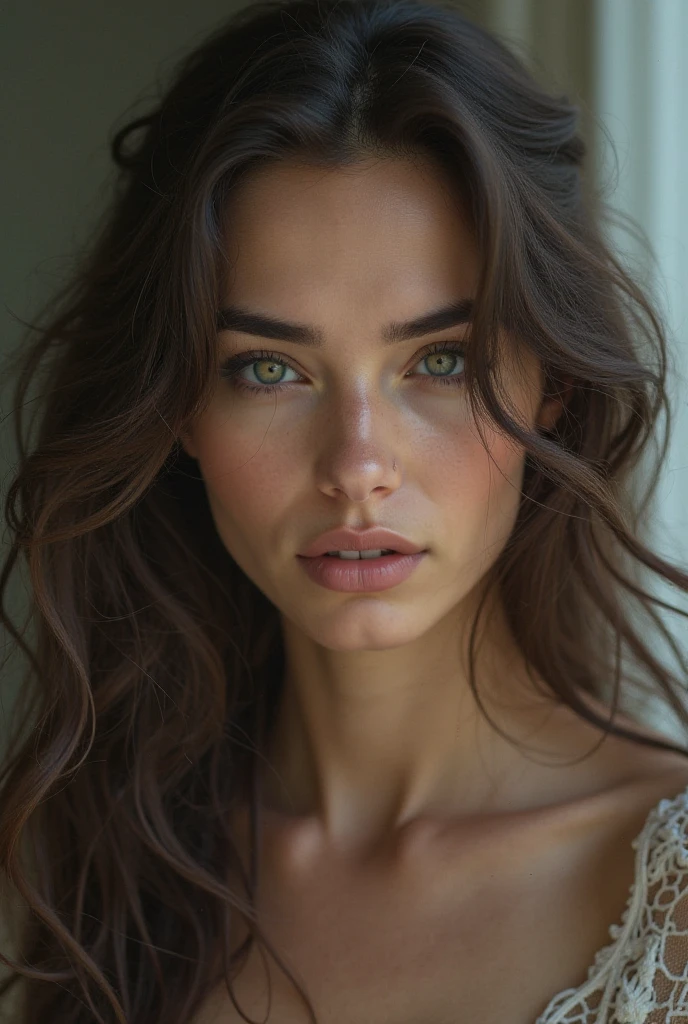 A stunning close-up portrait of a young woman with striking green eyes, full lips, and a soft, natural makeup look. Her dark hair is tousled and framing her face, adding to the relaxed yet elegant aesthetic. The subject is gazing off to the side with a pensive expression, creating a sense of introspection and thoughtfulness. The image has a warm, natural lighting that highlights the subject's delicate features and glowing skin. Overall, the portrait conveys a sense of quiet beauty and introspection.
