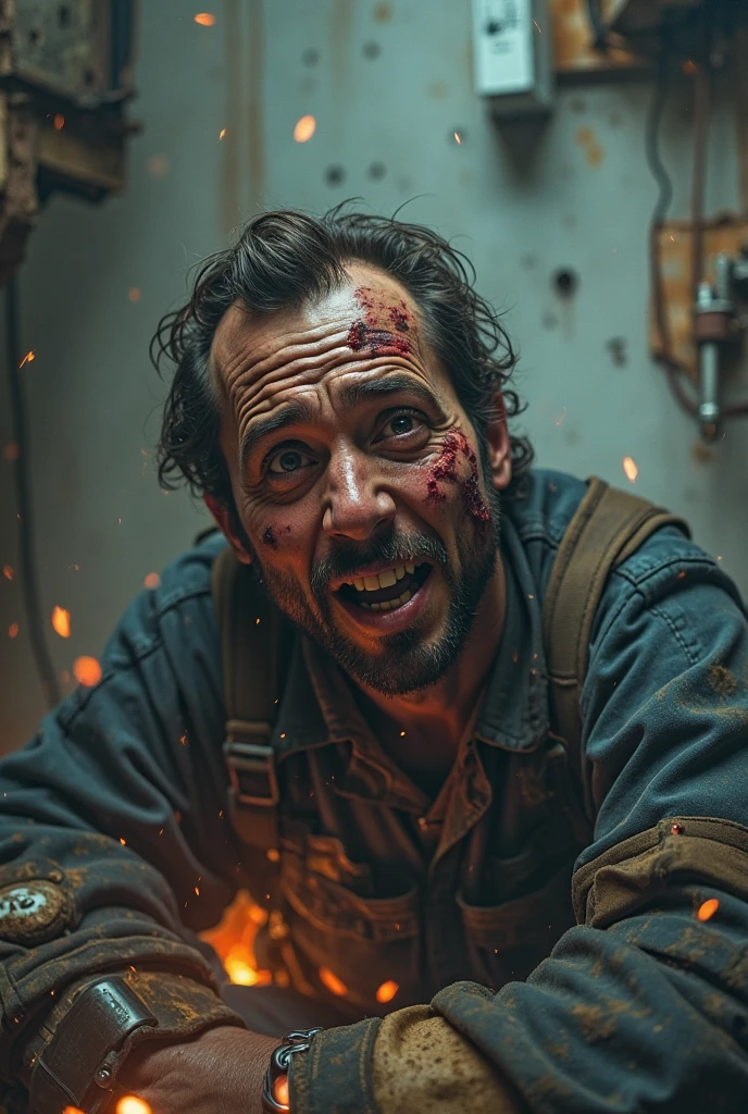 Zombie, male, middle-aged, decay, green skin color, dirty full-body photo, very tattered clothes, looking at smartphone screen, touching smartphone, dirty skin, dirty hands, taking a selfie, whole body visible, smiling, jumping for joy, selfie stick, green skin color, decay, tattered and dirty clothes