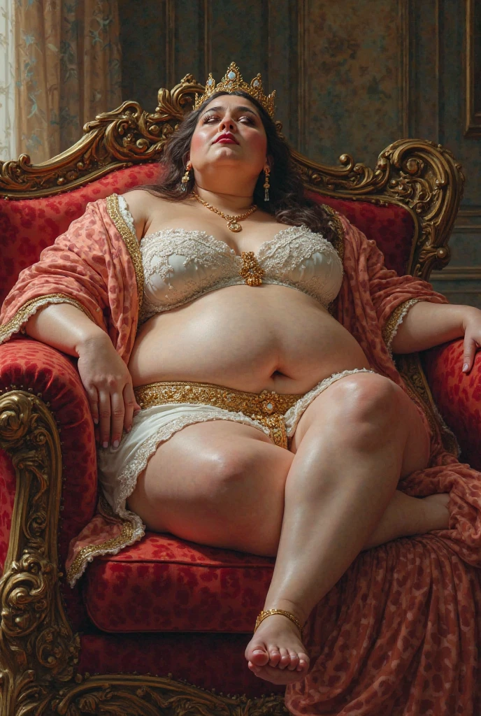 A slightly Sideview Happy photo of a young beautiful redhead bbw with soft fat belly, wide fat obese hips, thick fat legs and fat arms, cute pretty face, small breasts, blue eyes, freckles, in a purple covering detailed beautiful dress Wearing jewelery and golden female watch, sitting and playing a grand piano in an opera