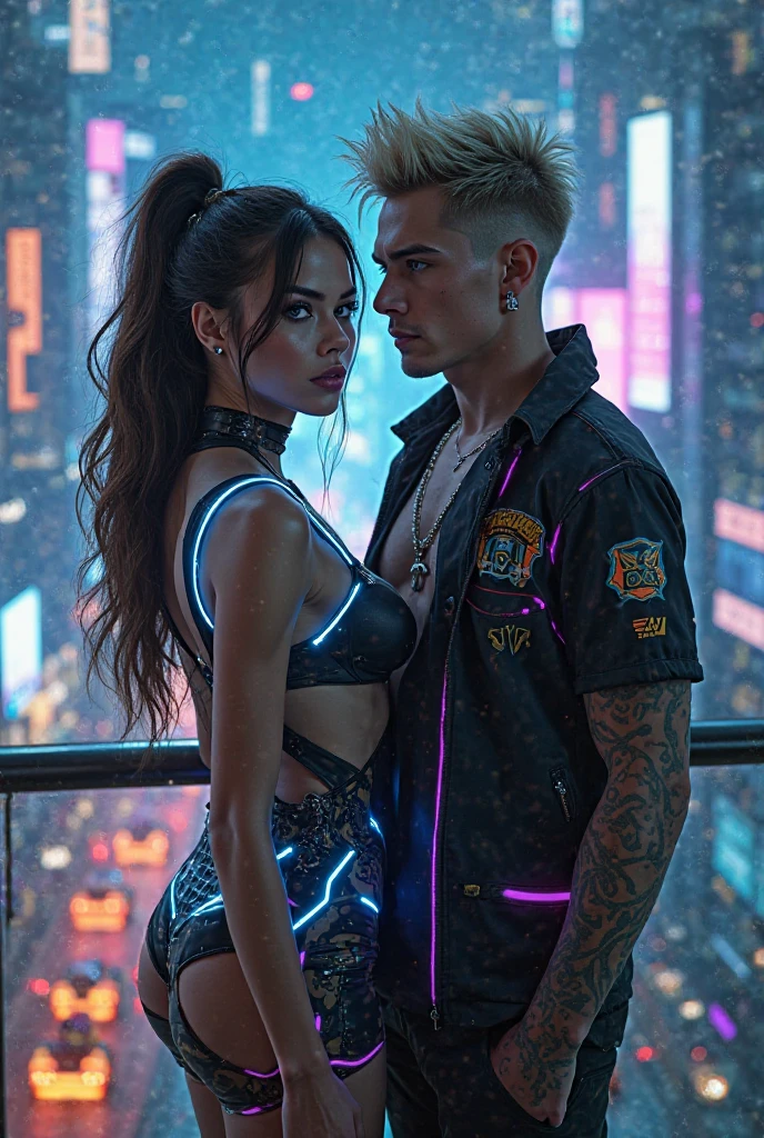Sexual relationship between a male cyborg and a female cyborg on the roof of a skyscraper, high quality, best quality, absurdres, masterpiece, beautiful, intricate details, 1/2 body crop, slim body, beautiful figure, magnificent anatomy, (intricate details:1.12), HDR, (intricate details, hyper-detailing:1.15), (natural skin textures, hyper realisitc, soft light, Sharp:1.2)