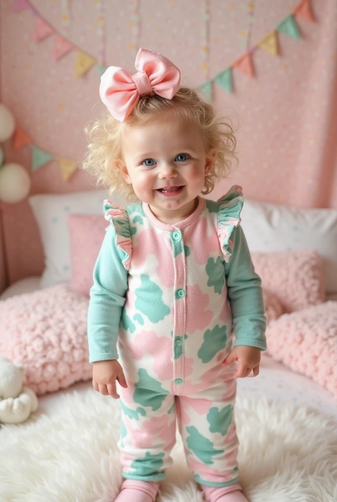 (photorealism) a 10 years old teenager wearing pajamas cartoon characters print full body