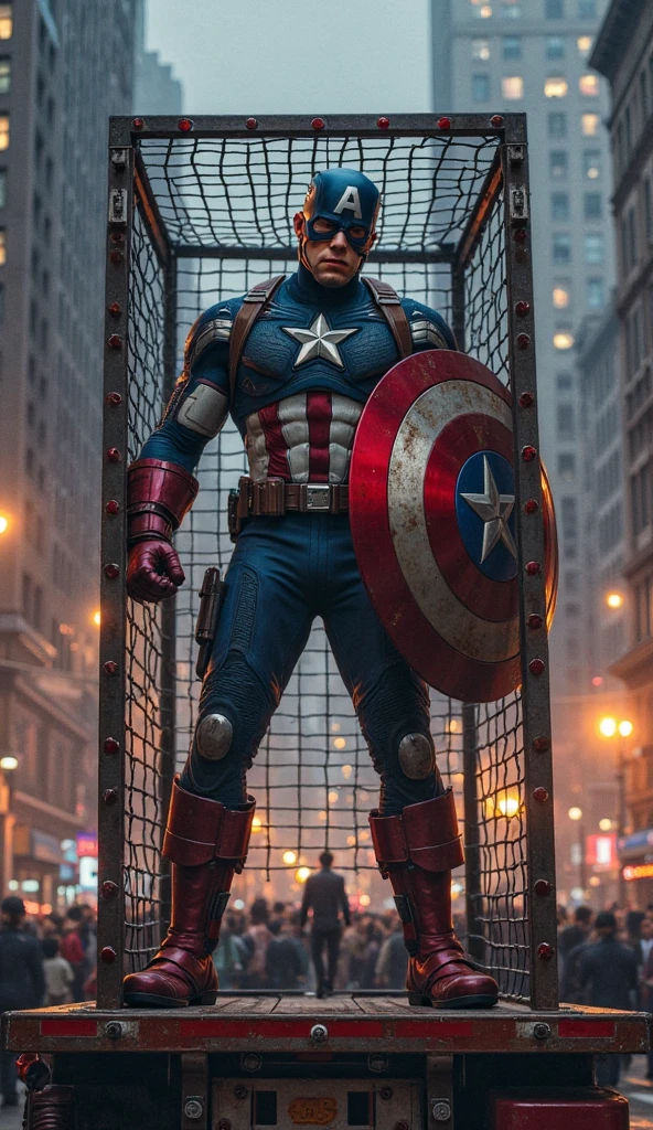 masterpiece, high quality images, high detailed faces, perfect faces, a realistic drawing of Captain America in the classic uniform with the right arm flexed with the clenched fist holding the shield from the inside, escudo visto de perfil apenas, New York City buildings in the background, Desenho realista de quadrinhos da Marvel, desenho realista de quadrinhos, heroic action pose, portrait of captain america, Captain America, inspirado em Jim Lee, inspirado em John Romita Jr, pose masculina heroica, inspirado em Jack Kirby, Directed by: Viktor Oliva, super hero pose, comic realistic drawing, inspirado por Jim Lee, Fantastic Art, 8k
