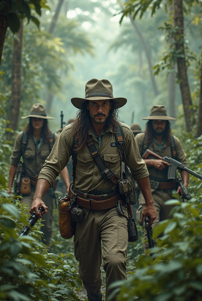 Photorealism 1.2 high definitions face detailing two Malay male at forest Asian jungle hunting one of them holding hunting gun rifle moonlight effect dusk fog hunting in action dark background night naked women following them at back with long hair face not clear