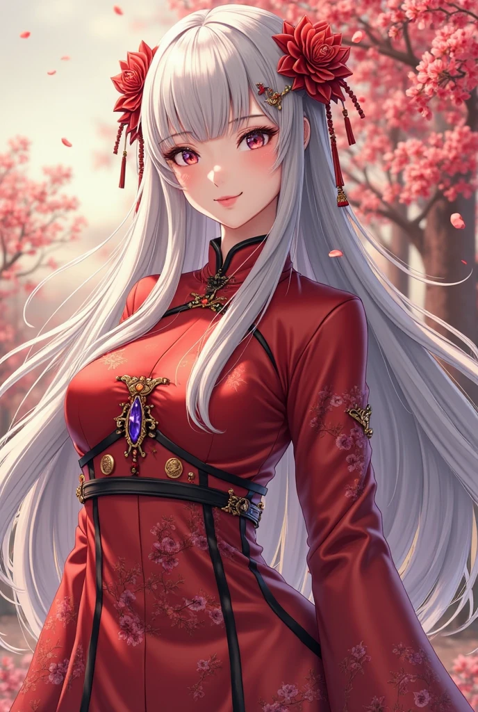 a 20 age, beautiful chubby girl, your face has strong pink makeup, wearing a white and red long and closed qipao, silver blue eyes, beautiful detailed eyes, detailed lips, suggestive pose, evil smile, very long hair, silver hair, long white ponytail hair, light and transparent veil filling with charm, in a cherry grove, under a rain of leaves on a late spring sunset, stunning beautiful artwork, maximalist, by artgerm, 8k anime artwork, 8k photo, trending on artstation. looking at the viewer, masterpiece, best quality,
