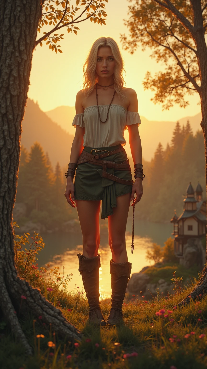 A half-elf character with a strong build, wearing a sleeveless top and loose pants, adorned with various accessories such as a necklace, bracelets, and belts. The character has distinct pointed ears, showcasing their elven heritage. They have an adventurous look about them, suggesting a background as a traveler or someone who is accustomed to life on the move.