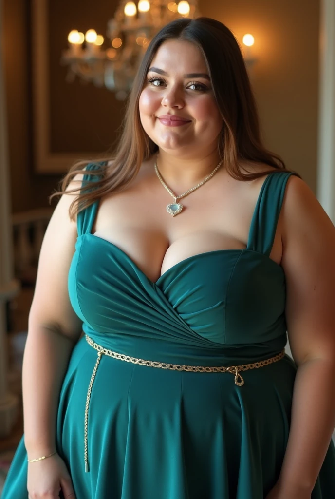 A very fat 16 year old girl at school prom, massive belly, very fat, big boobs, giant butt, chubby arms, wearing a long blue formal dress, long wavy hair, belly very big, bloated belly, full body view, dim lights, flashy lights, next to food bar, is happy, wearing heals