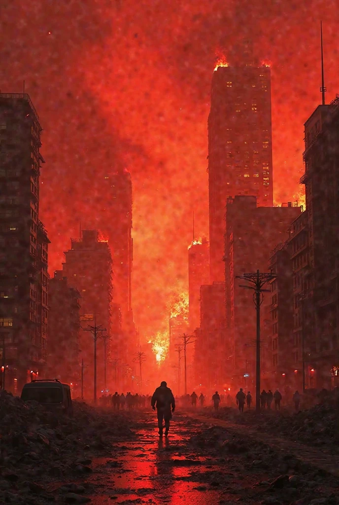The city is on fire, red tint, darkness, dark atmosphere, blood, destroyed buildings, 3d