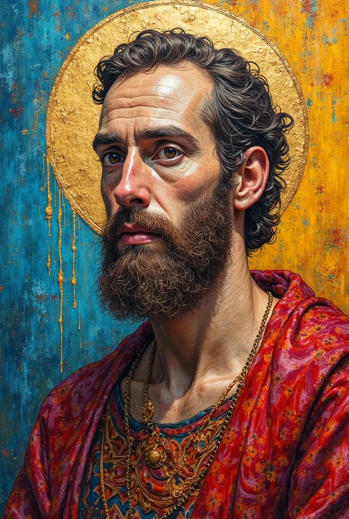 Baroque altarpiece of Saint Joseph as heavenly protector, with vibrant watercolors and drops of liquid gold paint. It includes stylized graffiti of his carpenter's tool and Australian Aboriginal patterns in ultramarine blue and crimson red. palette: oxide, turquoise and sun yellow