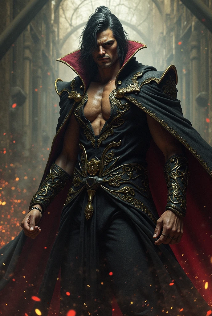 Tall man from Mesopotamian times, dressed in black with red details and carrying a silver dagger accompanied by gold coins, with the bearing of a warrior and vigilante, with the power to manipulate smoke, imposing posture with a trident