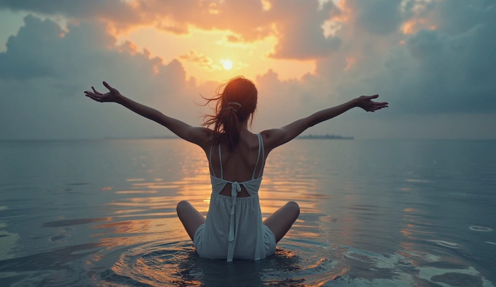 Best picture quality, masterpiece level, vast landscape photos, summer heat, overlooking the blue sky and white clouds, a girl dancing on the wooden bridge, wearing cool clothes, sweat on her forehead, lotus pond, green leaves dancing with lotus flowers, melodious solo echoes in the air, as if from a movie, the movie lighting projects the warm sunlight like the setting sun, the depth of field fades away, as if shot on 35mm film