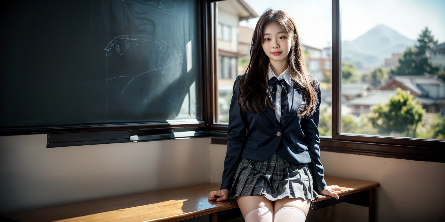there is a woman sitting at a desk in a school uniform, a hyperrealistic schoolgirl, hyperrealistic schoolgirl, realistic schoolgirl, cute schoolgirl, korean girl, school girl, cyber school girl, dressed as schoolgirl, wearing school uniform, girl wearing uniform, japanese girl school uniform, wearing japanese school uniform, japanese school uniform, wearing a school uniform --auto --s2