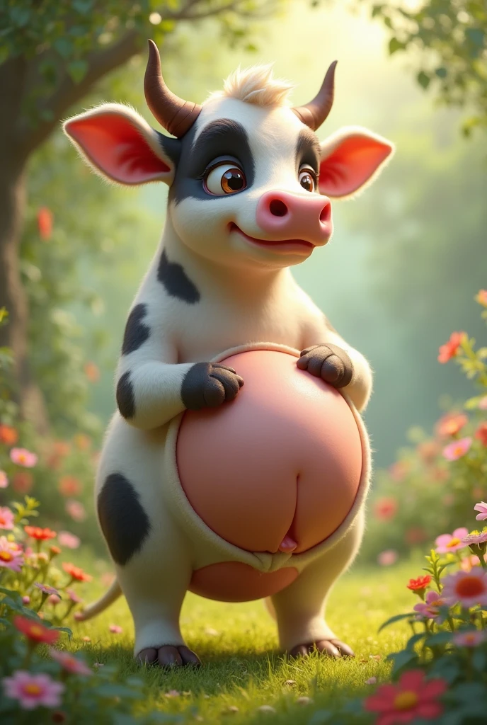 Personnage inspiré d'une vache cartoon avec des tache marrons est blanche des corne fine sur sa tête des soulier noir est blanc sur s'est jambe des sabot des main avec une bague d'or déçu sur sont nez un corps musclé de vache des bras avec des gants noir des est des bague déçu Couleur d'orée