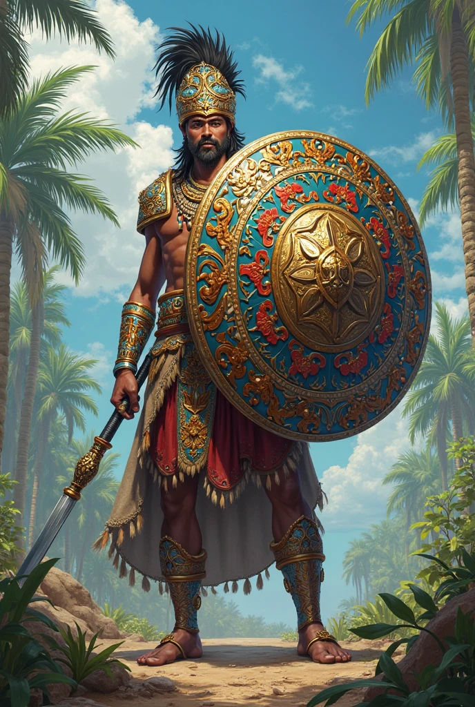 Generate me an image of a Mayan warrior , that has a shield, Generate the Mayan warrior in full body and with a phosphorescent blue and white outfit, dorado, yellow, that it has a png background and that its shield looks complete that the shield is facing forward, Don't put muscle on it, Let it be a Mayan warrior that represents that culture, but without so much muscle, Take the example of the god Chaac