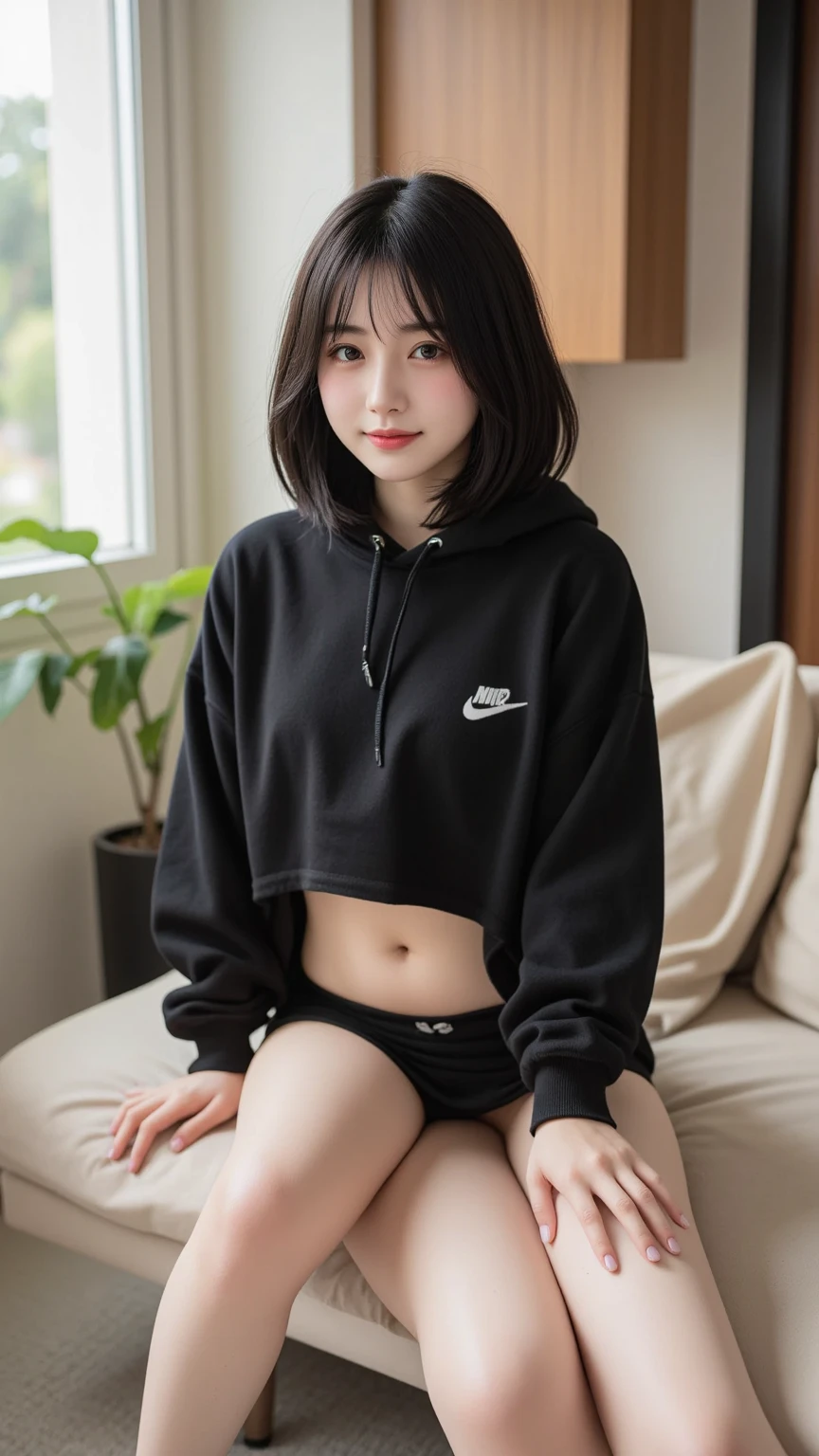 perfect photo, (masterpiece), best quality, expressive eyes, perfect face, Perfect hands, High resolution, high image quality, realistic skin texture, Realistic, Japanese, Girl, 22 years old, Light Brown hair, bangs, Twin tails Curls, Hair Ribbon, brown eyes, big eyes, small face, blush, smile, Long sleeve sweatshirt, Cute Panties, Cameltoe, sofa, Sitting, Spread your legs and show your crotch, Embarrassed, nfsw