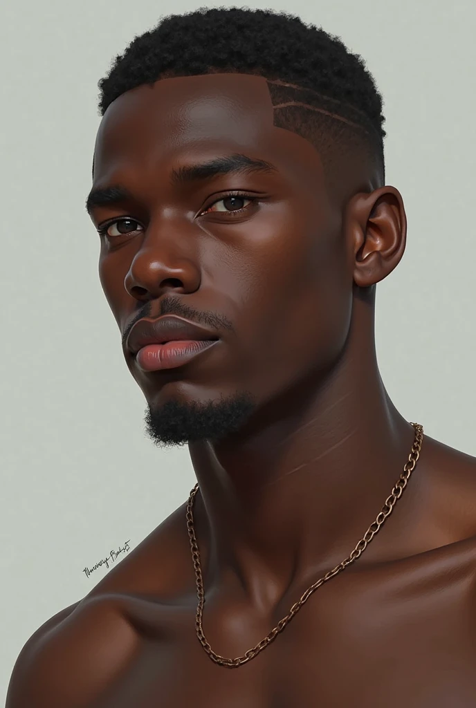 Make me a picture: boy of , skin black, muscled body, Male short curly hair and green eyes