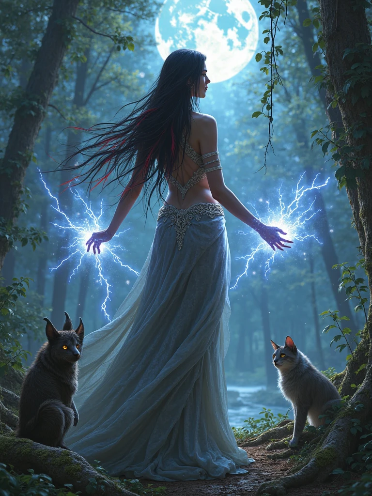 Full body image, 8k, masterpiece, Most detailed, highest quality, Perfect look. Too real oil, create a sense of fit, Sunburn, logic, Bouncing, naked, Grey Wolf, (Long Hair:1.2), dark theme, Dense forest, full moon, night, dark,Ample breasts,Wet,Sweet Breath,Shame,pubic hair,Pant voice,Show off,Rui々Hot nipples