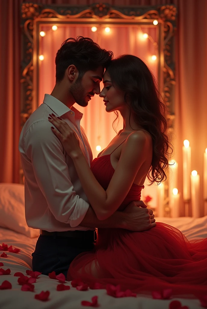 Romantic bathtub scene for book cover, A handsome man in damp white shirt, a sexy woman in damp red gown in water, lying in a bathtub.