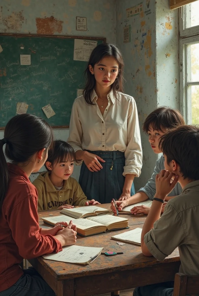 Quality first,masterpiece in detail,A teacher,Several students,Write and read,in class room,fresh flowers,Rich in color
